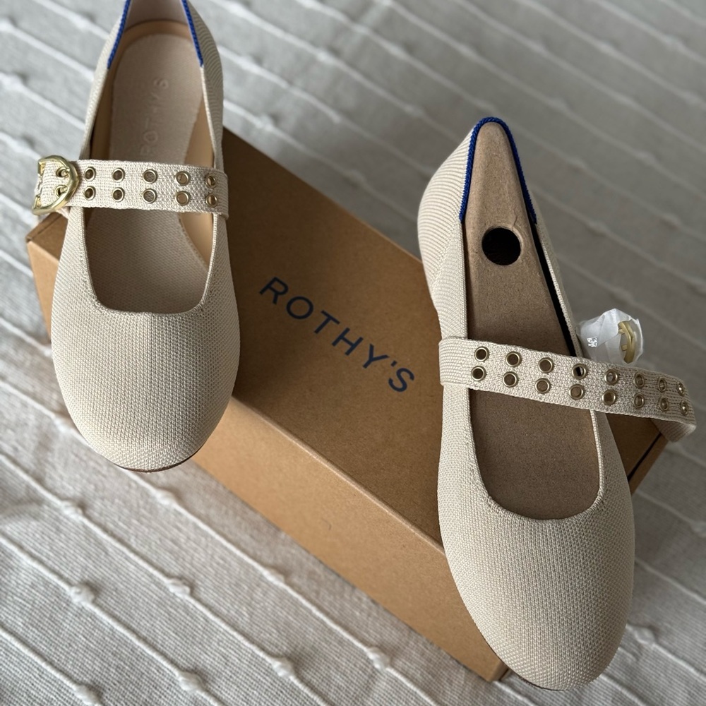 Rothy's Cream Mary Jane Flats with Gold Buckle